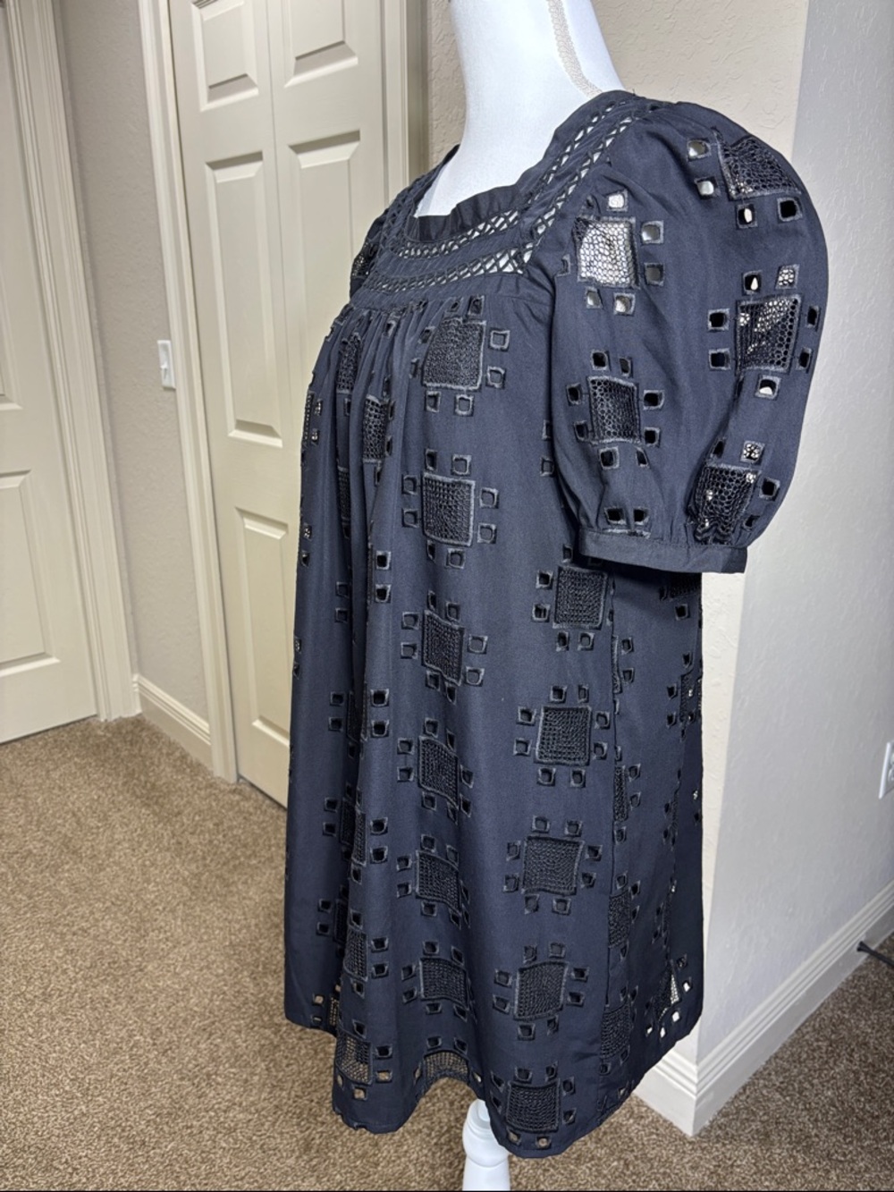 English Factory Black Geometric Eyelet Puff Sleeve Mini Dress Size M EUC - Picture 6 of 10